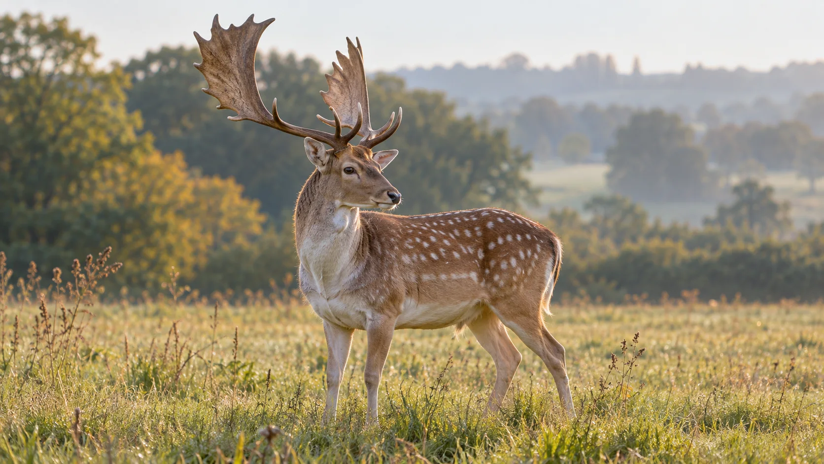 a fallow buck with broad palmate antlers standing in a dewy meadow