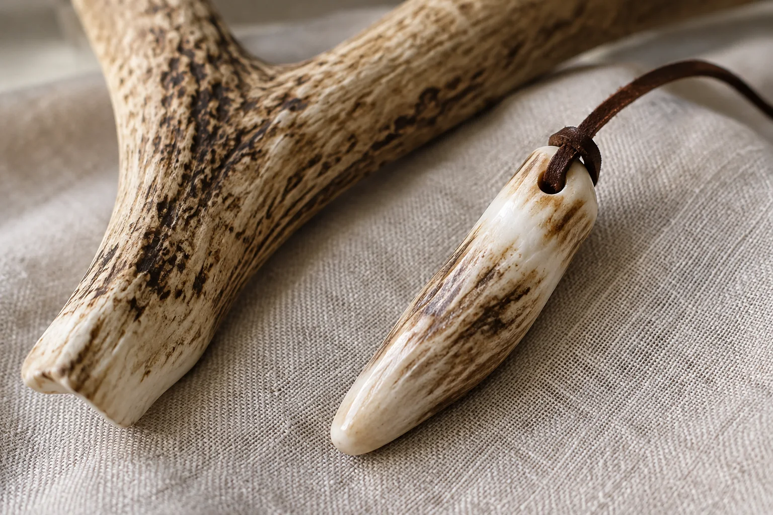 a polished antler tip pendant on a leather cord beside a section of antler