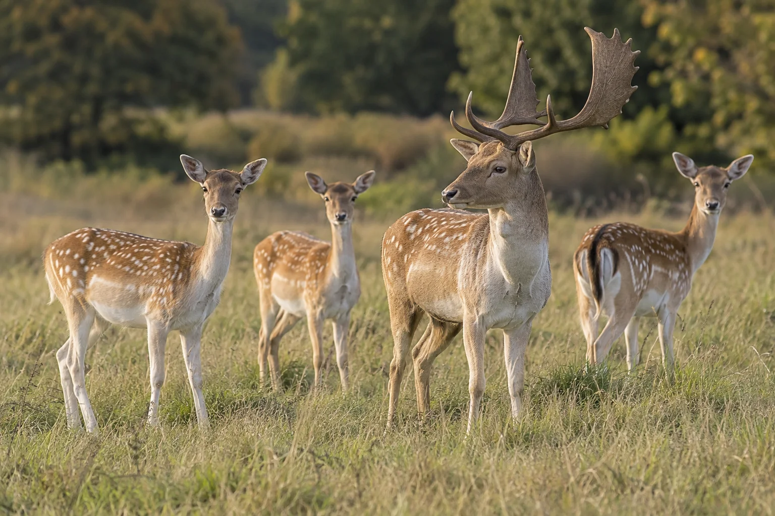 a small group of spotted fallow deer, one buck and three does, in tall grass